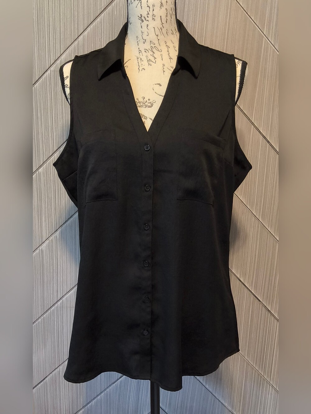 Express Portofino L Slim Fit Black Sleeveless Button Down Blouse